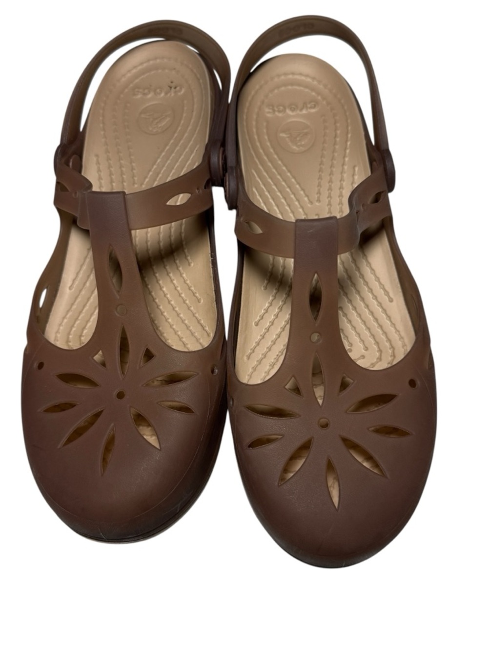 Croc’s Charlie T Strap Mary Jane SZ 9 Brown/Beige Sandals Beach Summer Slip On - Picture 8 of 10